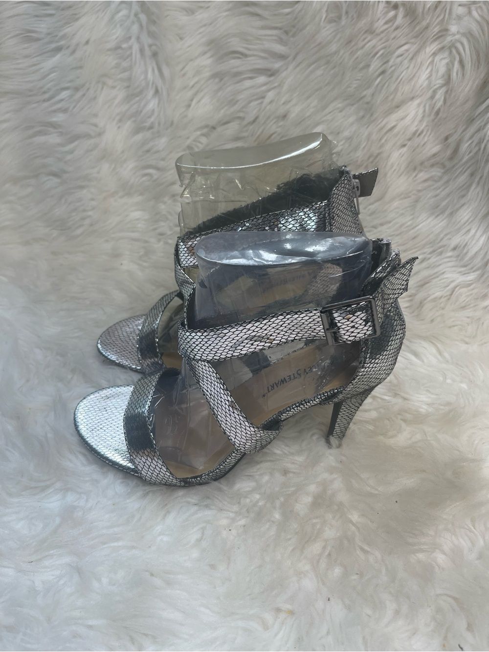 Ashley Stewart Silver Metallic Snake-Print High Heel ankle strap Sandals SZ11W